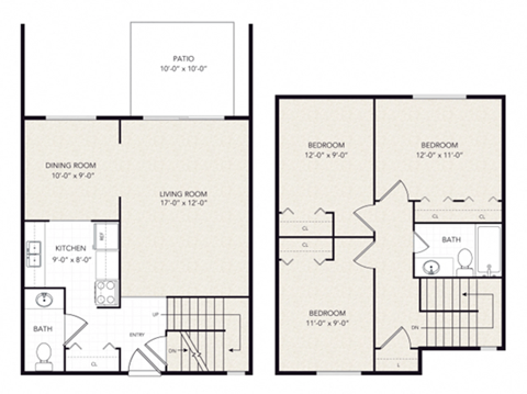 Floor plan for 3 beds, 1.5 baths, 1054 sqft